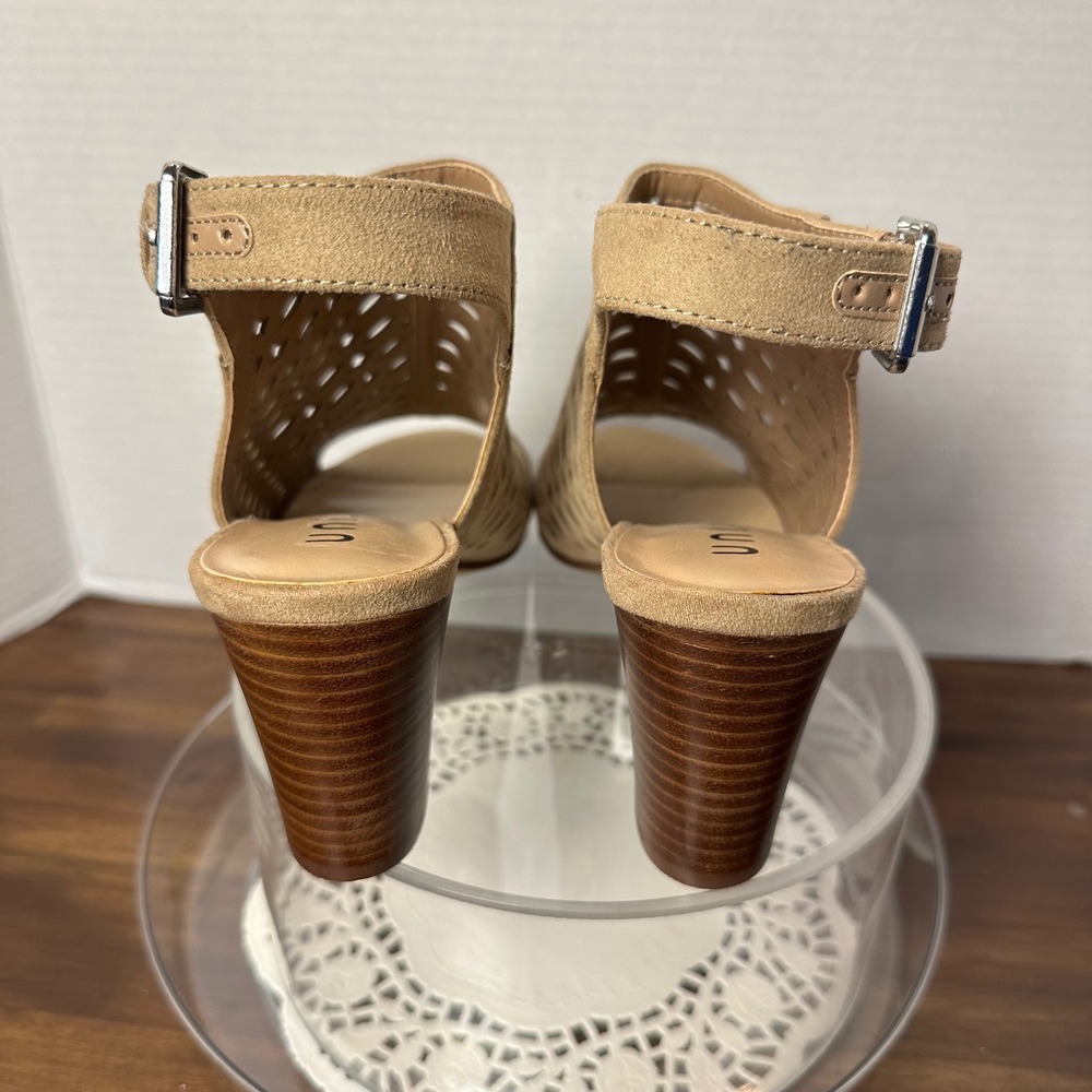 Unisa Unparlo Tan Laser Cut Block Heel Sandals Womens 7.5 M‎ Peep Toe Slingback - Picture 8 of 12